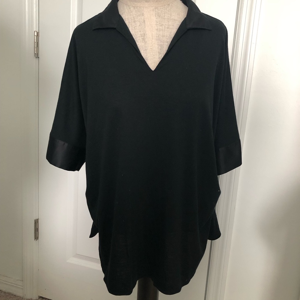 Natori Black Top with Satin Collar and Cuffs